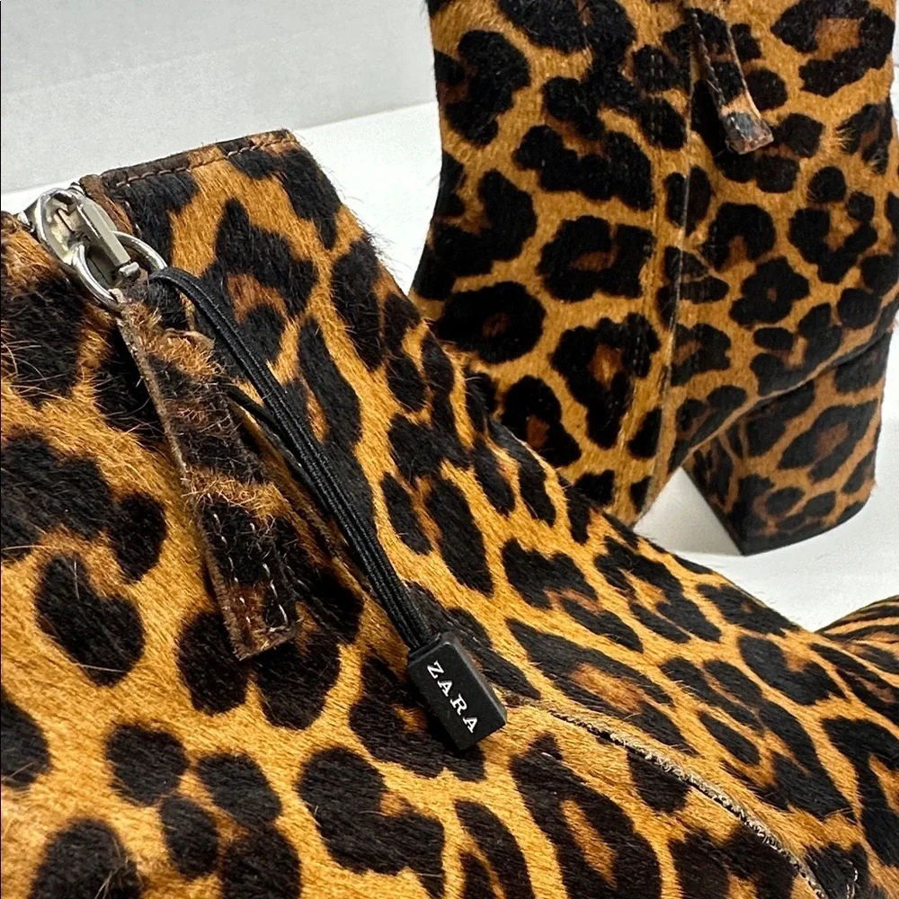 Zara Heeled Boots High Heel Ankle Boots Pony Hair Animal Cheetah Print Brown 6.5